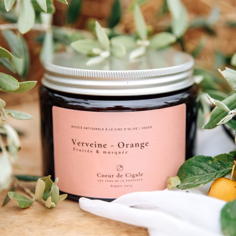 Bougie parfumée Verveine Orange Sanguine. Cire d'olive. Fabrication artisanale en Provence.
